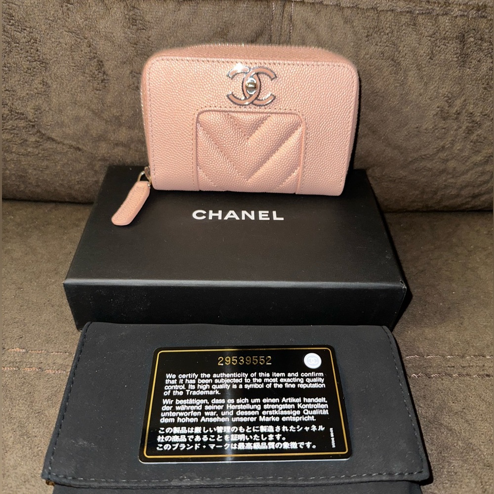 SOLD Authentic Chanel 20p Metallic Pink Zip Up Card Holder